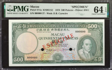 MACAU. Banco Nacional Ultramarino. 500 Patacas, 1979. P-57As. Specimen. PMG Choice Uncirculated 64 EPQ.

Printed by BWC. A nearly Gem example of thi...