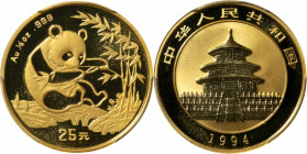 CHINA. Gold 25 Yuan, 1994. Panda Series. PCGS MS-69.

Fr-B6; KM-612; PAN-214B. Large date variety. Incredibly brilliant and mirrored in the fields, ...