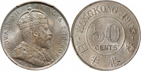 (t) HONG KONG. 50 Cents, 1905. London Mint. Edward VII. PCGS MS-62.

KM-15; Prid-15. Mostly argent and alluring, this nearly-choice minor dazzles wi...