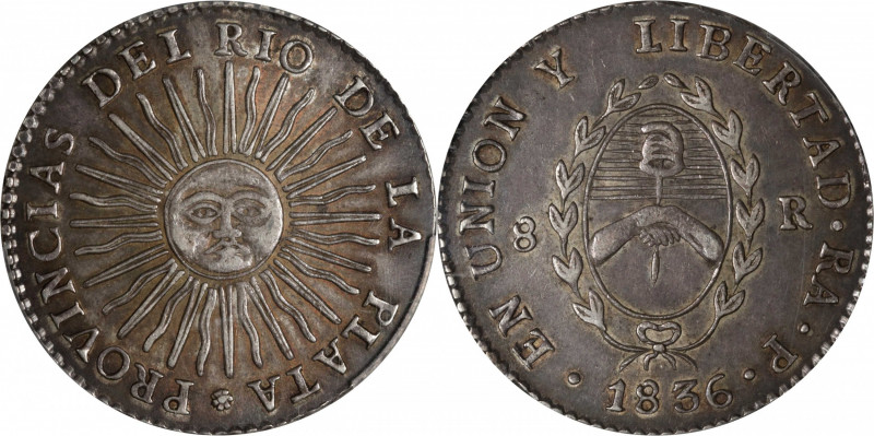 ARGENTINA. 8 Reales, 1836-RA P. La Rioja Mint. PCGS AU-53.

KM-20. Emanating f...