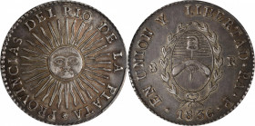 ARGENTINA. 8 Reales, 1836-RA P. La Rioja Mint. PCGS AU-53.

KM-20. Emanating from the ever-popular "sunface" series of coinage from the Argentine pr...