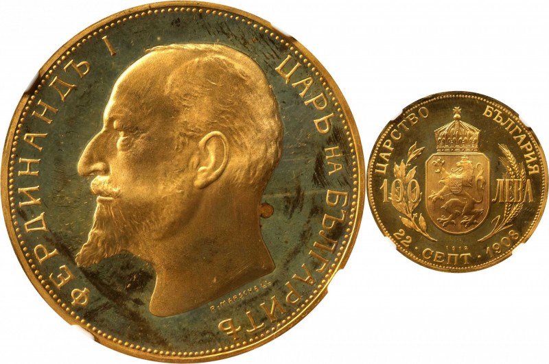 BULGARIA. 100 Leva Restrike, "1912" (1967/8). Sofia Mint. Ferdinand I. NGC PROOF...