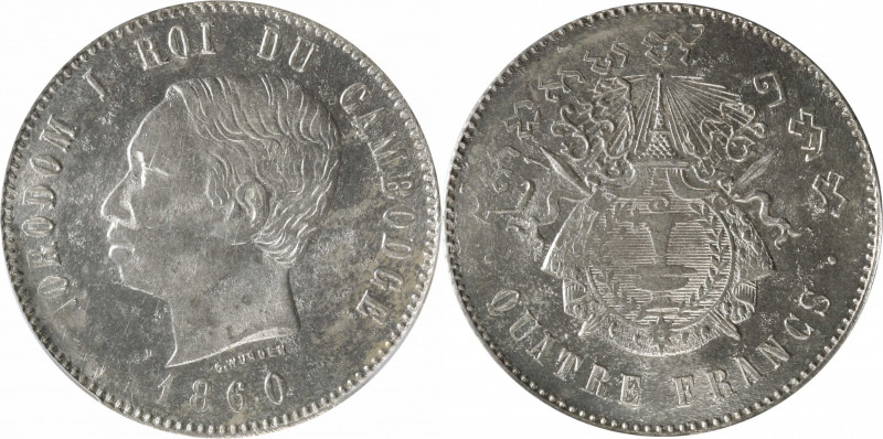 CAMBODIA. 4 Francs Restrike, "1860" (ca. 1887-1901). Phnom Penh Mint. Norodom I....