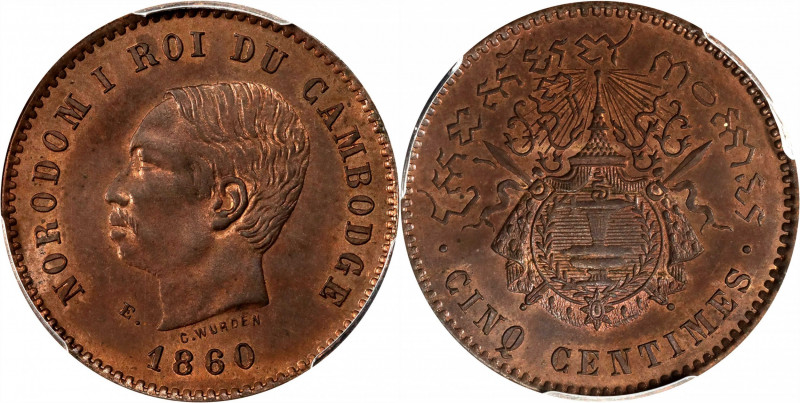 CAMBODIA. Bronze 5 Centimes Essai (Pattern), 1860-E. Norodom I. PCGS SPECIMEN-65...