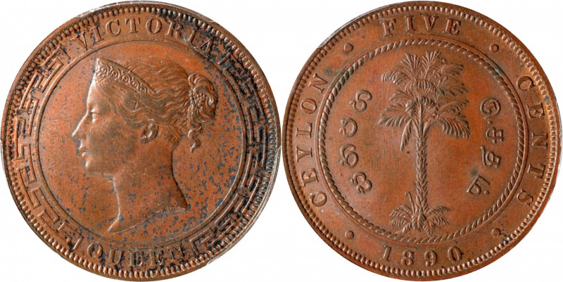 CEYLON. 5 Cents, 1890. Calcutta Mint. Victoria. PCGS MS-62 Brown.

KM-93. A mo...