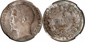 FRANCE. 5 Francs, 1852. Paris Mint. Napoleon III (as Louis-Napoleon). NGC MS-65.

KM-773.1; Gad-726. Variety with signature, "Barre", below truncati...