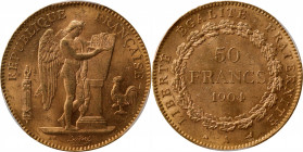 FRANCE. 50 Francs, 1904-A. Paris Mint. PCGS MS-63.

Fr-591; KM-831; Gad-1113. Presenting cartwheel luster when cradled back and forth in one's hand,...