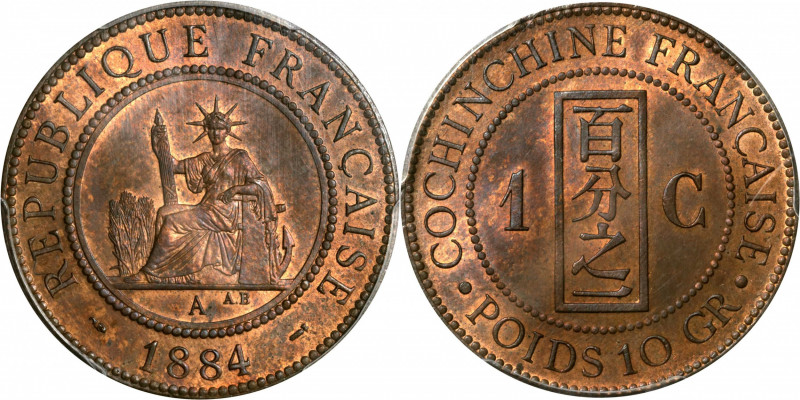 FRENCH COCHIN CHINA. Centime, 1884-A. Paris Mint. PCGS MS-64 Red Brown.

KM-3;...