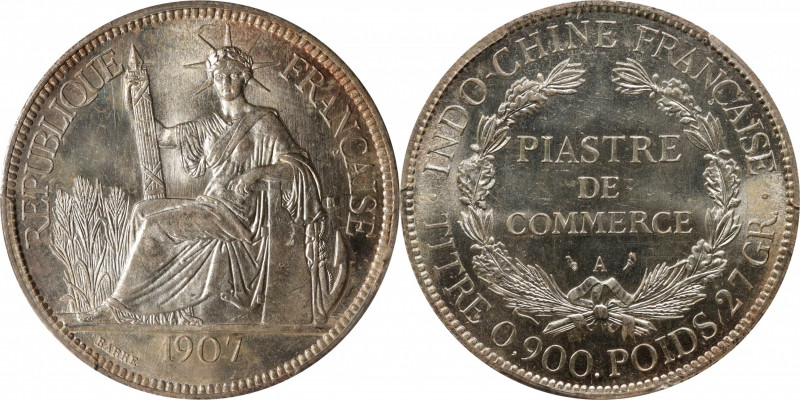 FRENCH INDO-CHINA. Piastre, 1907-A. Paris Mint. PCGS MS-63+.

KM-5a.1; Lec-290...