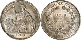 FRENCH INDO-CHINA. Piastre, 1908-A. Paris Mint. PCGS MS-63.

KM-5a.1; Lec-291. Presenting a planchet full of allure and a subtle golden-olive tone t...