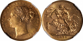 GREAT BRITAIN. Sovereign, 1872. London Mint. Victoria. NGC MS-64.

S-3856A; Fr-388; KM-752. Exceptionally vibrant and attractive, this decided near-...