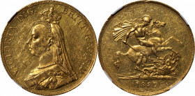 GREAT BRITAIN. 5 Pounds, 1887. London Mint. Victoria. NGC MS-60 Prooflike.

S-3864; Fr-390; KM-769. Though a number of scattered marks are observed ...