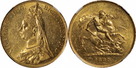 GREAT BRITAIN. 5 Pounds, 1887. London Mint. Victoria. NGC MS-60.

S-3864; Fr-390; KM-769. A golden-yellow and highly brilliant example of a large Vi...