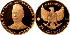 INDONESIA. 25000 Rupiah, 1970. Paris Mint. NGC PROOF-67 Ultra Cameo.

Fr-1; KM-32. Mintage: 970. AGW: 1.7856 oz. Commemorating the 25th anniversary ...