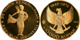 INDONESIA. 10000 Rupiah, 1970. Paris Mint. NGC PROOF-68.

Fr-3; KM-30. AGW: 0.7141 oz. Mintage: 1,440. Struck for the 25th anniversary of independen...