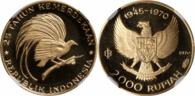 INDONESIA. 2000 Rupiah, 1970. Paris Mint NGC PROOF-69 Ultra Cameo.

Fr-5; KM-28. Mintage: 4,970. Featuring the elegant Bird of Paradise design, this...