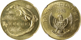 INDONESIA. 100000 Rupiah, 1974. London or Llantrisant Mint. NGC MS-63.

Fr-6; KM-41. Mintage: 5,333. Wildlife Conservation series: Komodo Dragon. On...
