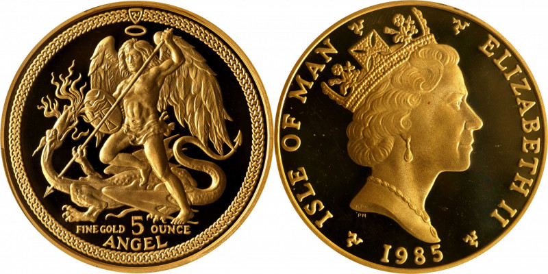 ISLE OF MAN. Gold 5 Ounce 5 Angel, 1985. Elizabeth II. PCGS PROOF-65 Deep Cameo....