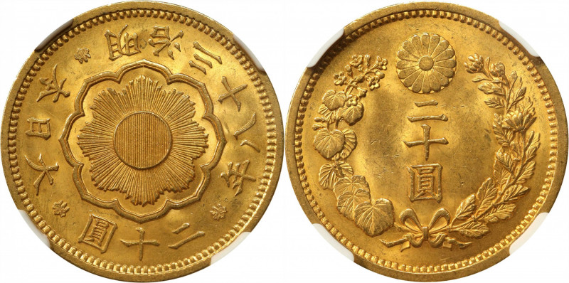 JAPAN. 20 Yen, Year 38 (1905). Osaka Mint. Mutsuhito (Meiji). NGC MS-63.

Fr-5...