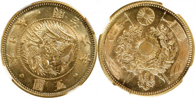 JAPAN. 5 Yen, Year 6 (1873). Osaka Mint. Mutsuhito (Meiji). NGC MS-66.

Fr-47;...