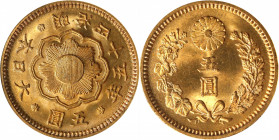 JAPAN. 5 Yen, Year 45 (1912). Osaka Mint. Mutsuhito (Meiji). NGC MS-66.

Fr-52; KM-Y-32; JNDA-01-8; JC-9-8. This wonderful example from the Ministry...