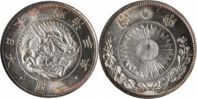 JAPAN. Yen, Year 3 (1870). Osaka Mint. Mutsuhito (Meiji). ANACS MS-64.

KM-Y-5.1; JNDA-01-9; JC-09-9-1. Framed (type 1) sunburst, with common "yen"....