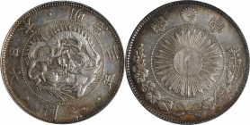 JAPAN. Yen, Year 3 (1870). Osaka Mint. Mutsuhito (Meiji). PCGS MS-61.

KM-Y-5.1; JNDA-01-9; JC-09-9-1. Framed (type 1) sunburst, with common "yen". ...