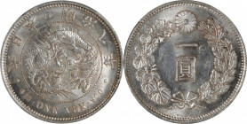 JAPAN. Yen, Year 8 (1875). Osaka Mint. Mutsuhito (Meiji). PCGS MS-63.

KM-Y-A25.2; JNDA-01-10; JC-09-10-1. Deep veins variety. The RAREST date in th...