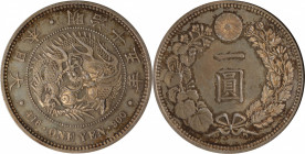 JAPAN. Yen, Year 15 (1882). Osaka Mint. Mutsuhito (Meiji). ANACS MS-61.

KM-Y-A25.2; JNDA-01-10; JC-09-10-1. This charming Mint State specimen prese...