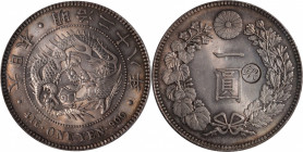JAPAN. Yen, Year 28 (1895). Osaka Mint. Mutsuhito (Meiji). PCGS MS-63.

KM-Y-28a.5; JNDA-01-10C; JC-09-10-4. "Gin" countermark in right reverse fiel...