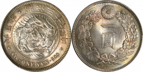 JAPAN. Yen, Year 36 (1903). Osaka Mint. Mutsuhito (Meiji). PCGS MS-64+.

KM-Y-A25.3; JNDA-01-10A; JC-09-10-2. A study in contrasts, this alluring cr...