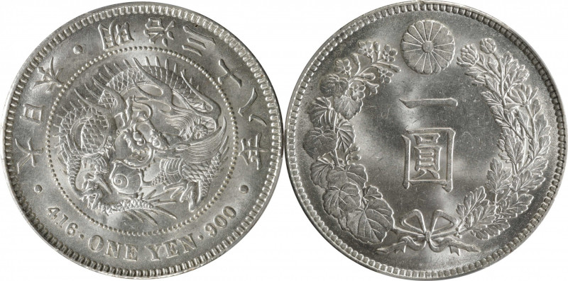 JAPAN. Yen, Year 38 (1905). Osaka Mint. Mutsuhito (Meiji). PCGS MS-64.

KM-Y-A...