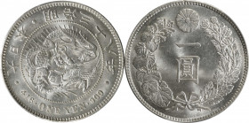 JAPAN. Yen, Year 38 (1905). Osaka Mint. Mutsuhito (Meiji). PCGS MS-64.

KM-Y-A25.3; JNDA-01-10A; JC-09-10-2. Wholly untoned and blast white, this ra...