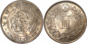 JAPAN. Yen, Year 38 (1905). Osaka Mint. Mutsuhito (Meiji). PCGS MS-64.

KM-Y-A25.3; JNDA-01-10A; JC-09-10-2. Dominated by a great olive-seafoam gree...