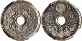 JAPAN. Copper-Nickel 5 Sen Pattern, Year 5 (1916). Osaka Mint. Taisho (Yoshihito). NGC MS-65.

KM-Pn44; cf. JNDA-01-38 (circulation strike); cf. JC-...