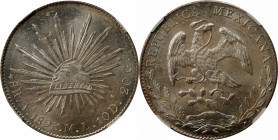 MEXICO. 8 Reales, 1893-As ML. Alamos Mint. NGC MS-64+.

KM-377; DP-As33. This stunning near-Gem is blasted with a wonderful coating of icy white lus...