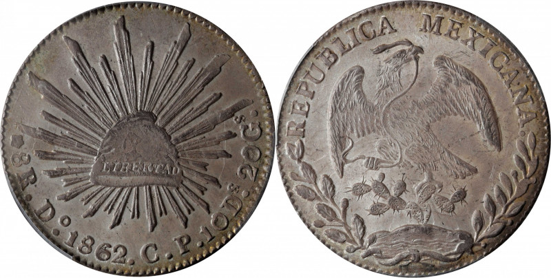 MEXICO. 8 Reales, 1862/1-Do CP. Durango Mint. PCGS MS-65+.

KM-377.4; DP-Do42....