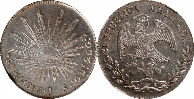 MEXICO. 8 Reales, 1886-Ga JS. Guadalajara Mint. NGC MS-64.

KM-377.6; DP-Ga72....