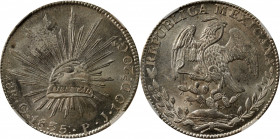 MEXICO. 8 Reales, 1835-Go PJ. Guanajuato Mint. NGC MS-64.

KM-377.8; DP-Go17. Star on cap variety. Presenting a pleasing and frosty white luster, th...
