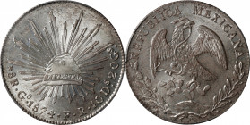 MEXICO. 8 Reales, 1874-Go FR. Guanajuato Mint. PCGS MS-64.

KM-377.8; DP-Go54. A dazzling near-Gem with luster that carousels the light in a dizzyin...