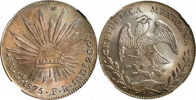 MEXICO. 8 Reales, 1875-Go FR. Guanajuato Mint. NGC MS-66.

KM-377.8; DP-Go55. ...