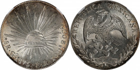 MEXICO. 8 Reales, 1875-Go FR. Guanajuato Mint. NGC MS-65.

KM-377.8; DP-Go55. This handsome Peso spindles alluring luster off the surfaces in an ent...