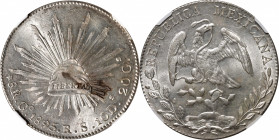MEXICO. 8 Reales, 1895/1-Go RS. Guanajuato Mint. NGC MS-64.

KM-377.8; DP-Go78. Overdate variety. A fairly SCARCE variant, this glistening specimen ...