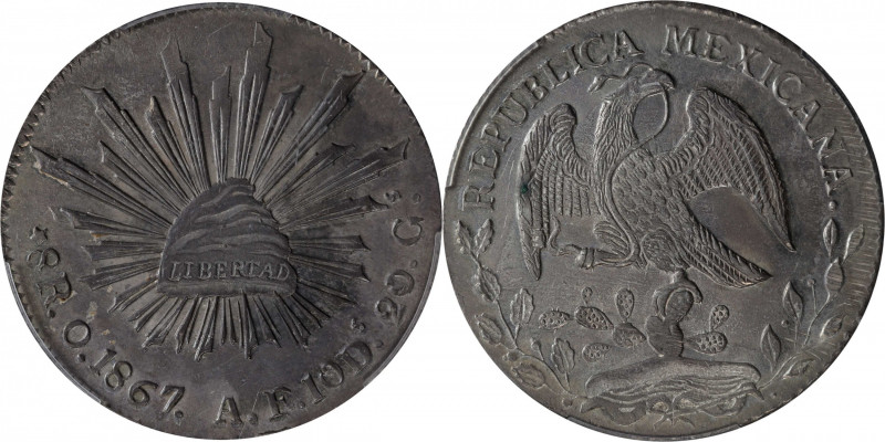 MEXICO. 8 Reales, 1867-O AE. Oaxaca Mint. PCGS MS-63.

KM-377.11; DP-Oa15. Thi...