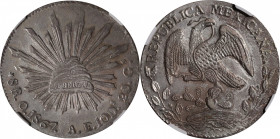 MEXICO. 8 Reales, 1867-O AE. Oaxaca Mint. NGC MS-62.

KM-377.11; DP-Oa15. Steely gray and rather alluring, this Mint State specimen does exhibit som...