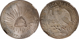 MEXICO. 8 Reales, 1877-Oa AE. Oaxaca Mint. NGC MS-64.

KM-377.11; DP-Oa22. Surpassed in the NGC census by just four other specimens, this shimmering...