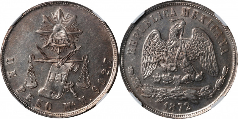 MEXICO. Peso, 1872-Mo M. Mexico City Mint. NGC MS-62.

KM-408.5. This wholesom...