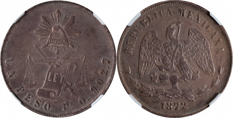 MEXICO. Peso, 1872-Pi O. San Luis Potosi Mint. NGC MS-63.

KM-408.7. Rather ro...