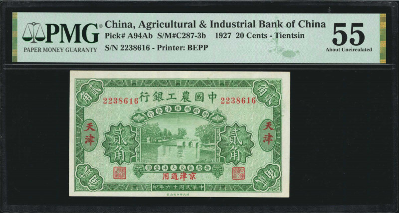 (t) CHINA--REPUBLIC. Agricultural & Industrial Bank of China. 20 Cents, 1927. P-...
