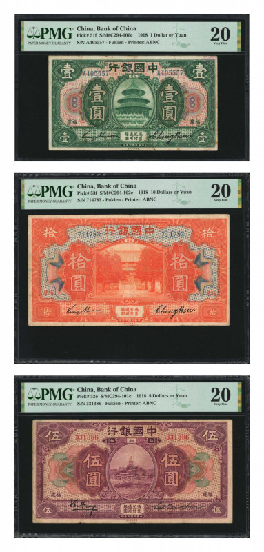 CHINA--REPUBLIC. Lot of (3). Bank of China. 1, 5 & 10 Dollars, 1918. P-51f, 52e,...